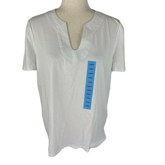RAFAELLA SHORT SLEEVE CASUAL V-NECK TOP IN WHITE NWT WOMEN'S SIZE LARGE - Picture 1 of 12